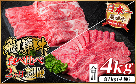 飛騨牛霜降り・赤身食べ比べセット　2ヶ月定期便　計4kg　A4～A5【配送不可地域：離島】