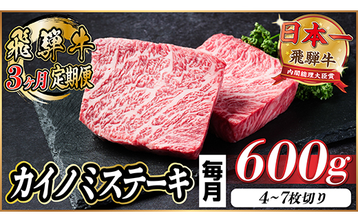 【毎月定期便】飛騨牛 カイノミステーキ定期便 毎月600g【冷蔵便】A4～A5 厳選希少部位 全3回【配送不可地域：離島】