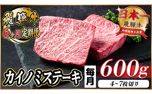 【毎月定期便】飛騨牛 カイノミステーキ定期便 毎月600g【冷蔵便】A4～A5 厳選希少部位 全6回【配送不可地域：離島】