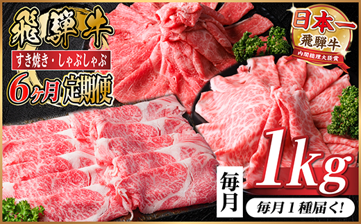 【毎月定期便】飛騨牛　厳選すき焼き・しゃぶしゃぶ用　定期便　1kg全6回【配送不可地域：離島】