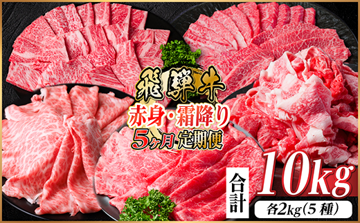 【毎月定期便】飛騨牛　赤身・霜降り定期便　計10kg カルビ・赤身・ロース(焼肉・BBQ用)全5回【配送不可地域：離島】