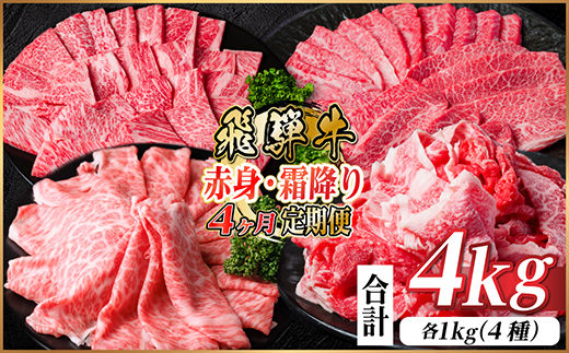 【毎月定期便】飛騨牛　赤身・霜降り定期便　計4kg カルビ・赤身・ロース(焼肉・BBQ用)全4回【配送不可地域：離島】