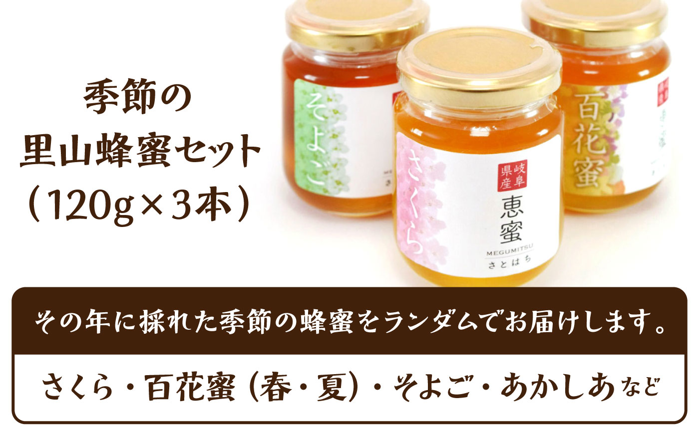 恵那農高生と開発!季節の里山蜂蜜セット(蜂蜜120g×3本)/ はちみつ ハチミツ ハニー 養蜂 / 恵那市 / 特定非営利活動法人 さとはち [AUBP001]