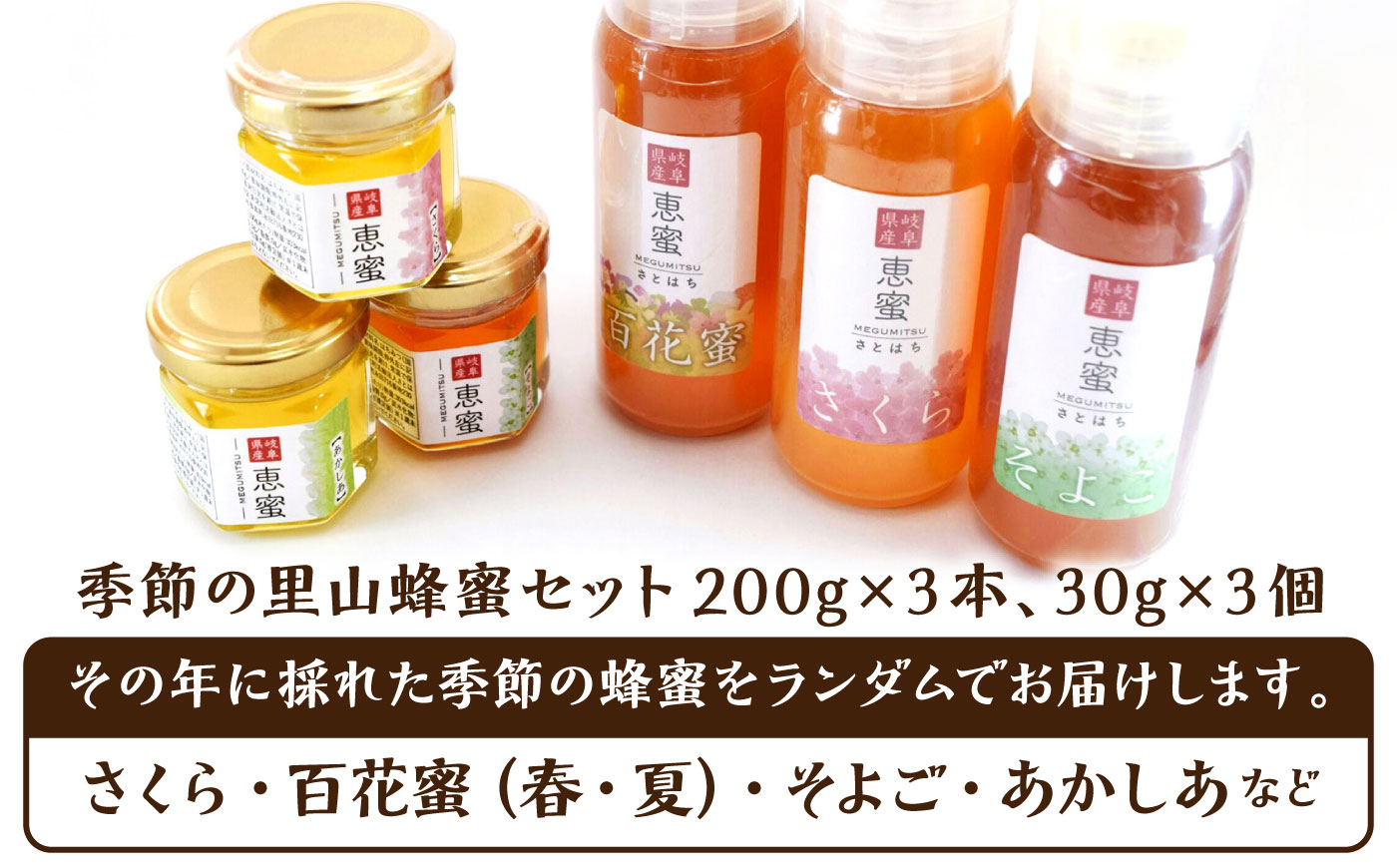 恵那農高生と開発!季節の里山蜂蜜セット(蜂蜜200g×3本、蜂蜜30g3種セット×1個)/ はちみつ ハチミツ ハニー 養蜂 / 恵那市 / 特定非営利活動法人 さとはち [AUBP002]