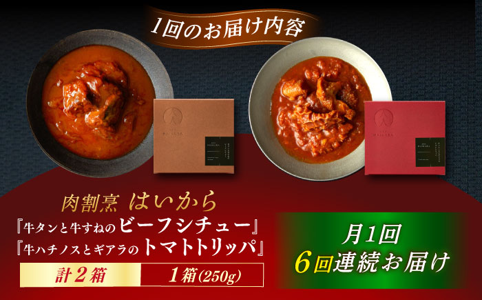 【6回定期便】肉割烹はいから『牛タンと牛すねのビーフシチュー』『牛ハチノスとギアラのトマトトリッパ』/ レトルト セット 牛肉 / 恵那市 / TWO-FACE JAPAN [AUFI024] 6回