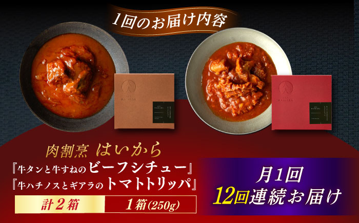 【12回定期便】肉割烹はいから『牛タンと牛すねのビーフシチュー』『牛ハチノスとギアラのトマトトリッパ』/ レトルト セット / 恵那市 / TWO-FACE JAPAN [AUFI025] 12回