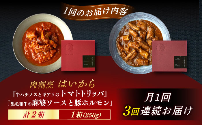【3回定期便】肉割烹はいから『牛ハチノスとギアラのトマトトリッパ』『黒毛和牛の麻婆ソースと豚ホルモン』/ レトルト セット / 恵那市 / TWO-FACE JAPAN [AUFI050] 3回