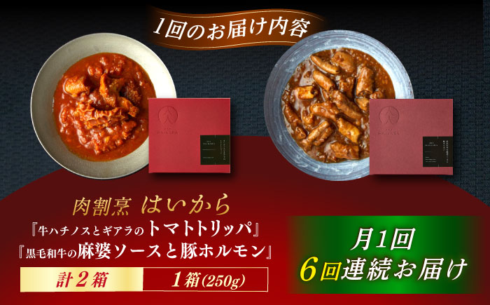 【6回定期便】肉割烹はいから『牛ハチノスとギアラのトマトトリッパ』『黒毛和牛の麻婆ソースと豚ホルモン』/ レトルト セット / 恵那市 / TWO-FACE JAPAN [AUFI051] 6回