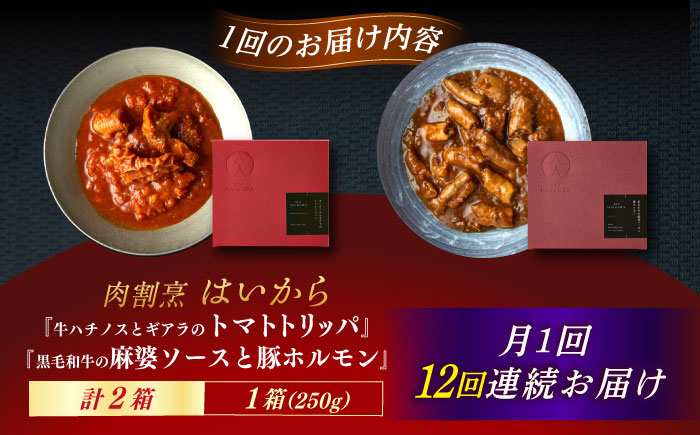 【12回定期便】肉割烹はいから『牛ハチノスとギアラのトマトトリッパ』『黒毛和牛の麻婆ソースと豚ホルモン』/ レトルト セット / 恵那市 / TWO-FACE JAPAN [AUFI052] 12回