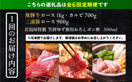 【6回定期便】 飛騨牛ロース1kg カルビ700g 三浦豚ロース900g 豪華3点セット 各種類1パック しゃぶしゃぶ・焼肉 和牛 国産 霜降り 恵那市 / 岩島屋 [AUAJ031] 6回