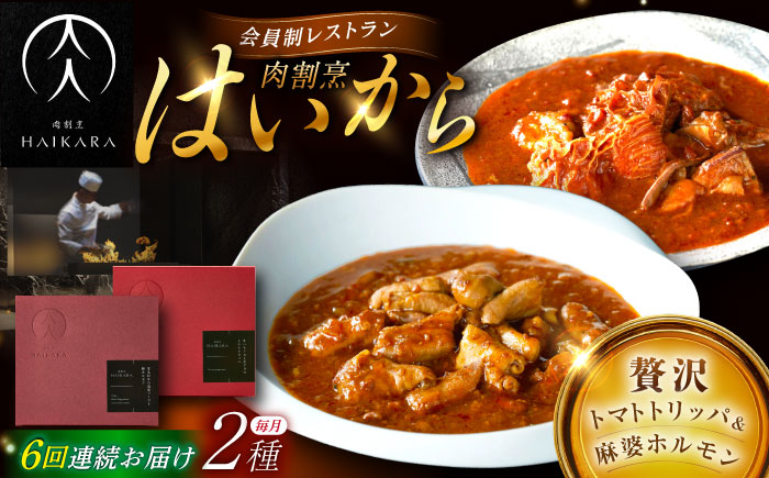 【6回定期便】肉割烹はいから『牛ハチノスとギアラのトマトトリッパ』『黒毛和牛の麻婆ソースと豚ホルモン』/ レトルト セット / 恵那市 / TWO-FACE JAPAN [AUFI051] 6回