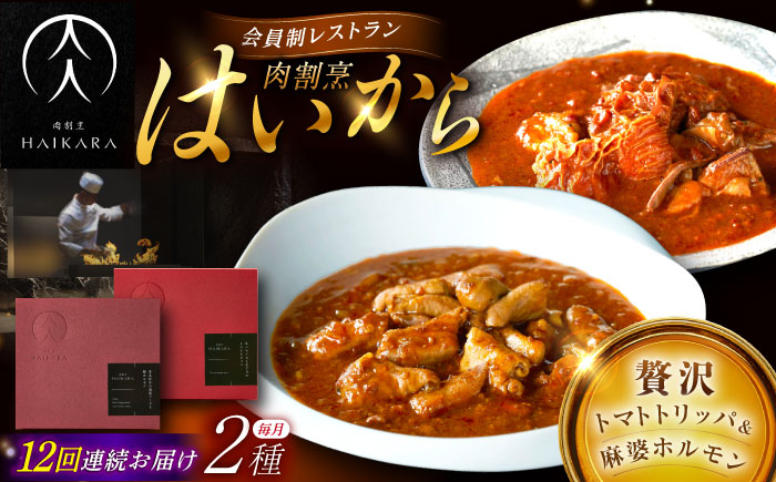 【12回定期便】肉割烹はいから『牛ハチノスとギアラのトマトトリッパ』『黒毛和牛の麻婆ソースと豚ホルモン』/ レトルト セット / 恵那市 / TWO-FACE JAPAN [AUFI052] 12回