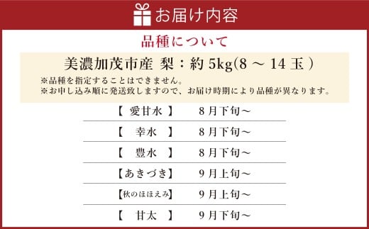 《先行予約》 山之上の梨 （ 品種はおまかせ ） 約5kg （ 8～14玉 ） 愛甘水 幸水 豊水 あきづき 秋のほほえみ 甘太 なし ナシ 梨 フルーツ 冷蔵 岐阜県産 国産 送料無料 【2026年8月下旬～10月上旬発送予定】