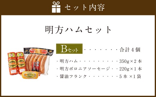 明方ハム Bセット 計4個 | めぐみの農業協同組合 国産豚肉 肉 お肉 ハム ボロニアソーセージ フランク 詰め合わせ
