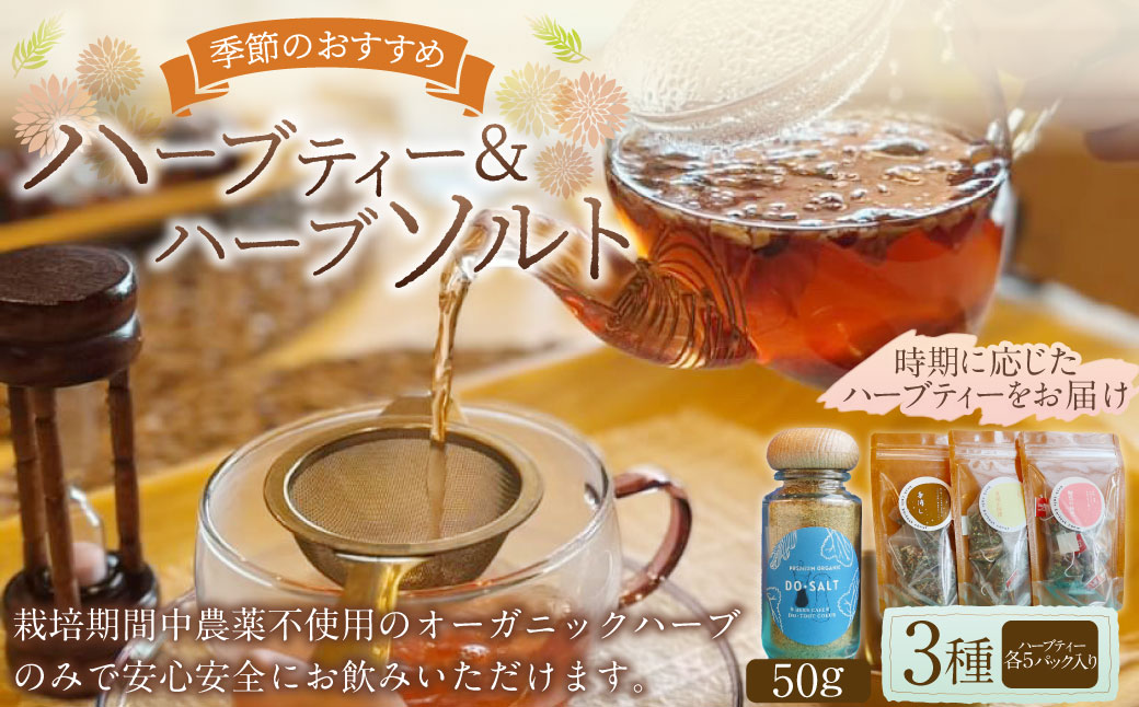 【ハーブ専門店】ハーブソルト（50g）＆季節のハーブティー（3種 各5パック） | お茶 ハーブティー ハーブ 塩 ソルト ブレンド 料理 調味料