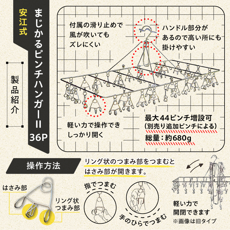 「安江式まじかるピンチハンガーⅡ36P（Lサイズ）」1台と「安江式強力ハンギングピンチ」10個と「ハンガーとまる」10個のセット【0007-011】