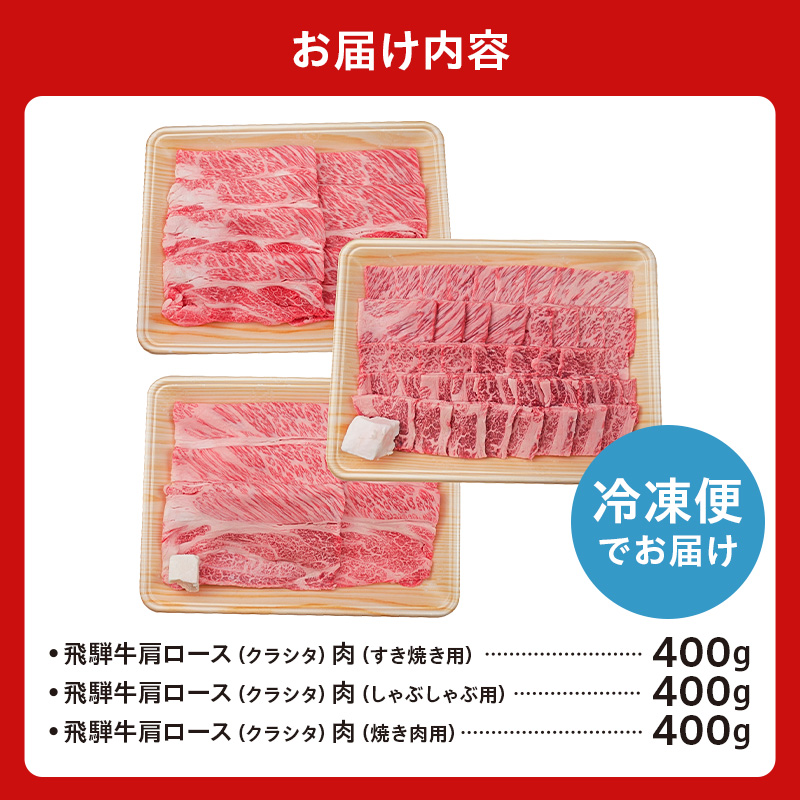 飛騨牛セット　肩ロース（クラシタ）肉（すき焼き用・しゃぶしゃぶ用・焼き肉用）各400ｇ【0016-044】
