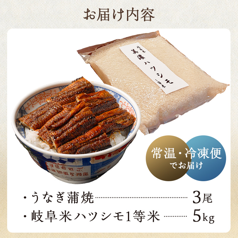 「炭かおる地焼き　うなぎ蒲焼（たれ付）3尾」と「2025年産米　岐阜米ハツシモ1等米5kg」【0021-014】