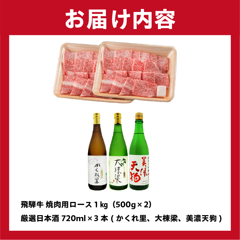 3-2　飛騨牛 焼肉用ロース 1kg（500g×2） + 厳選日本酒720ml×3本 【0026-029】
