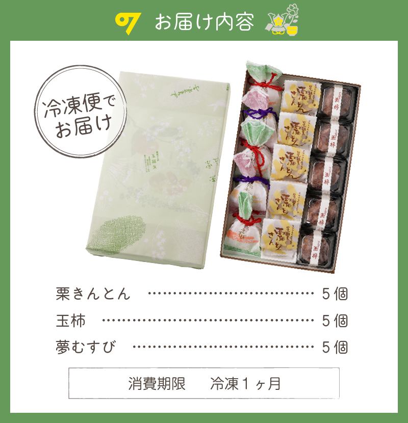 老舗和菓子屋がお届けする、「栗きんとん」ほか栗菓子3種15個セット【0046-003】