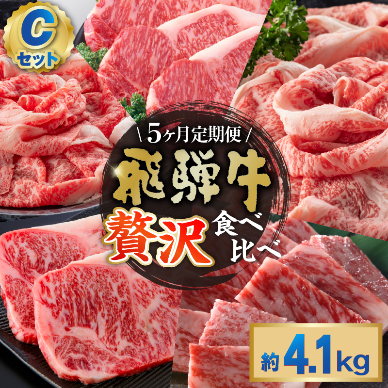 『飛騨牛』贅沢食べ比べセットC　定期便※5回に分けてのお届けとなります。（サーロインステーキ800g・ロースすき焼き用900g・ロースしゃぶしゃぶ用900g・ロース焼肉用900g・ヒレステーキ680g）【0016-101】