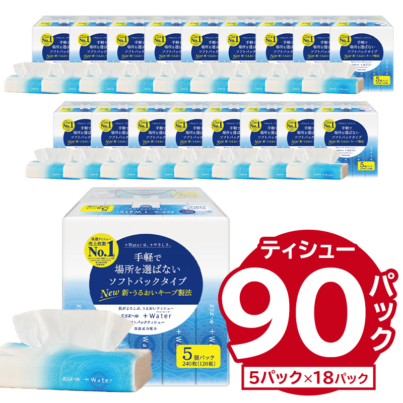 エリエール +Water（プラスウォーター）ソフトパックティシュー　120W5P×18パック | 箱なし ティッシュ ペーパー 【0095-016】