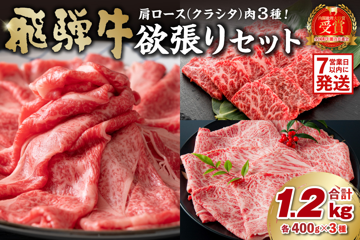 [7営業日以内発送]飛騨牛セット 肩ロース(クラシタ)肉(すき焼き用・しゃぶしゃぶ用・焼き肉用)各400g[0016-044]