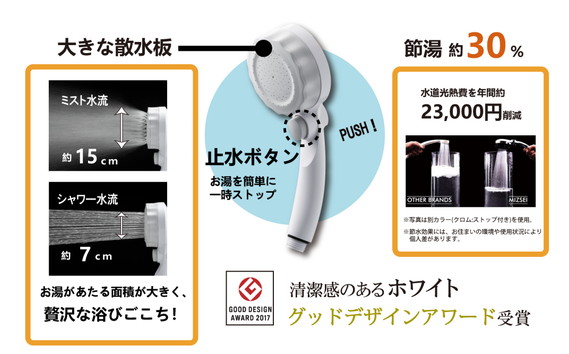 マイクロナノバブル シャワーヘッド「バブリーミスティ2.0（白）」ストップボタン有
