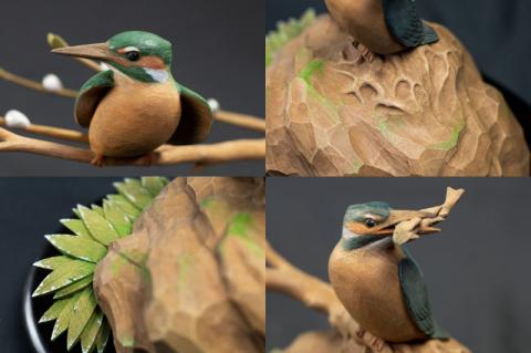 一木造り彫刻 カワセミ 伝統工芸 工芸品 木彫り 彫刻 木製 職人 像 置物[Q700]