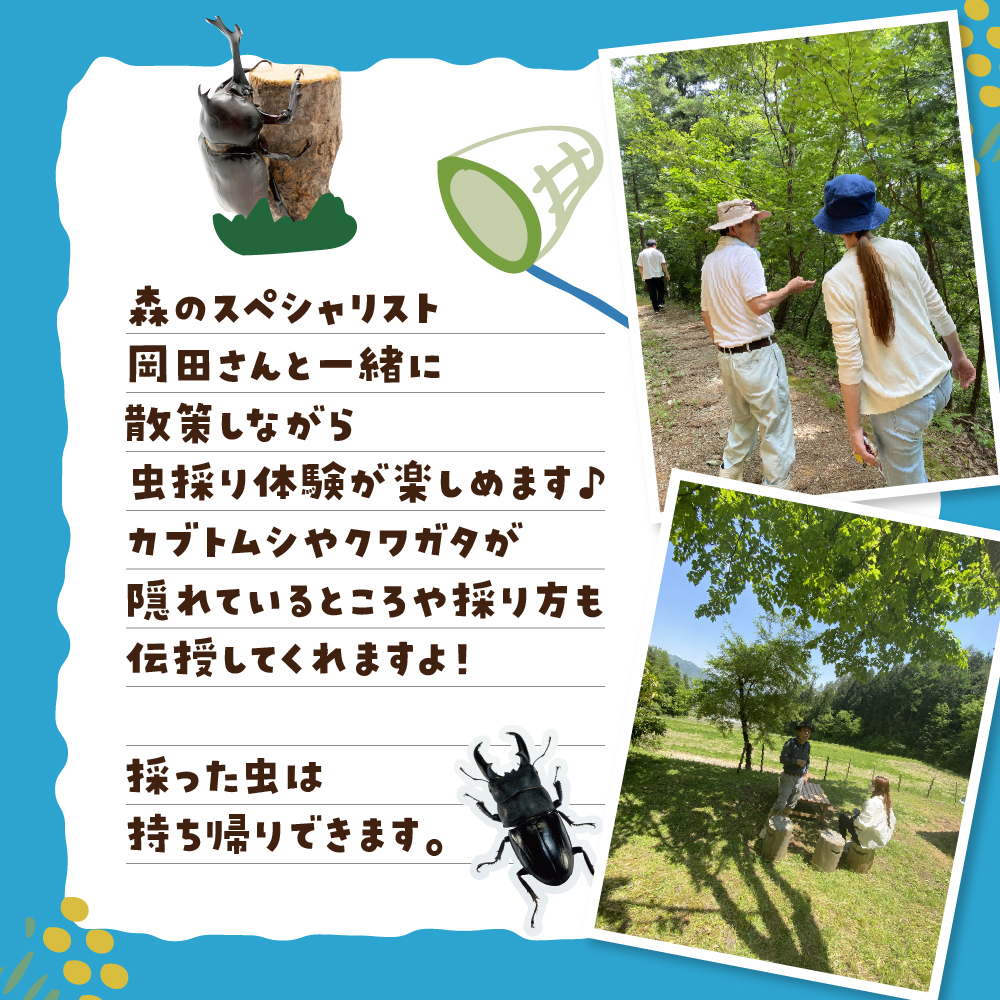 ≪先行予約 2025年 令和7年 実施 ≫飛騨市おっちゃんレンタル第3弾 森のスペシャリストと楽しむ虫捕り体験 昆虫採集 岡田善徳 飛騨市 体験 夏休み お出かけ 教室 人気 大人2名用 子ども2名用 カブトムシ クワガタ [Q2766] 10000円 1万円