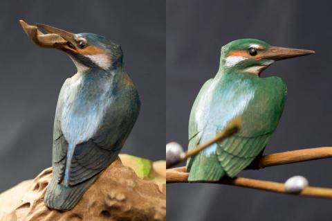 一木造り彫刻 カワセミ 伝統工芸 工芸品 木彫り 彫刻 木製 職人 像 置物[Q700]