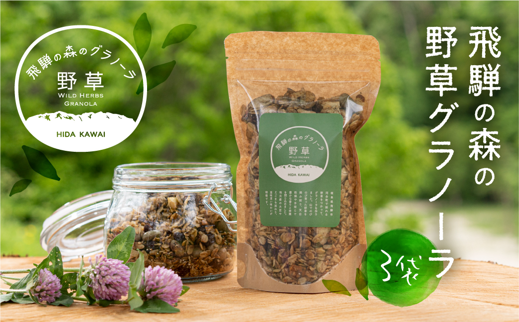 飛騨産野草が入った飛騨の森の グラノーラ　3袋 オートミール 無添加 シリアル 自然派 ハトムギ[Q858x]
