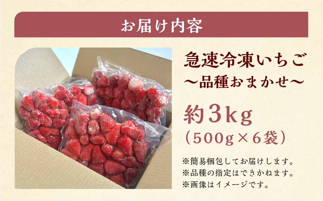 【2026年5月より発送】《 訳あり 》 冷凍いちご 品種おまかせ 3kg (500g × 6p) 簡易梱包 サイズ 不揃い のため 訳あり 訳アリ フルーツ 果物 苺 いちご イチゴ 紅ほっぺ よつぼし かおり野 アイス ヨーグルト 苺 family農園watanabe 子ども 小分け 家庭用 国産 産地直送 岐阜県 本巣市 2万 20000円 [mt1506]