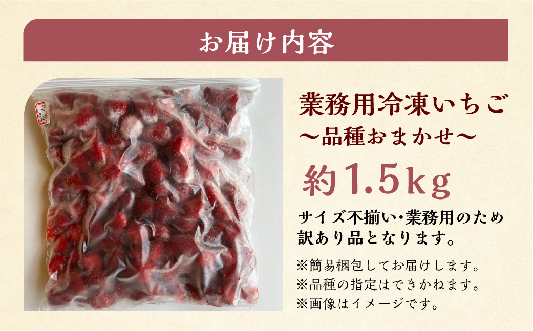 【2026年5月より発送】《 業務用の大袋 》 加工向きな 冷凍いちご 品種おまかせ 1.5kg 簡易梱包 サイズ 不揃い のため 訳あり 訳アリ フルーツ 果物 苺 いちご イチゴ アイス 紅ほっぺ よつぼし かおり野 ヨーグルト シャーベット 苺 family農園watanabe 子ども 家庭用 業務 加工向け 国産 産地直送 岐阜県 本巣市 8000円 8千円 [mt1561_omkase]