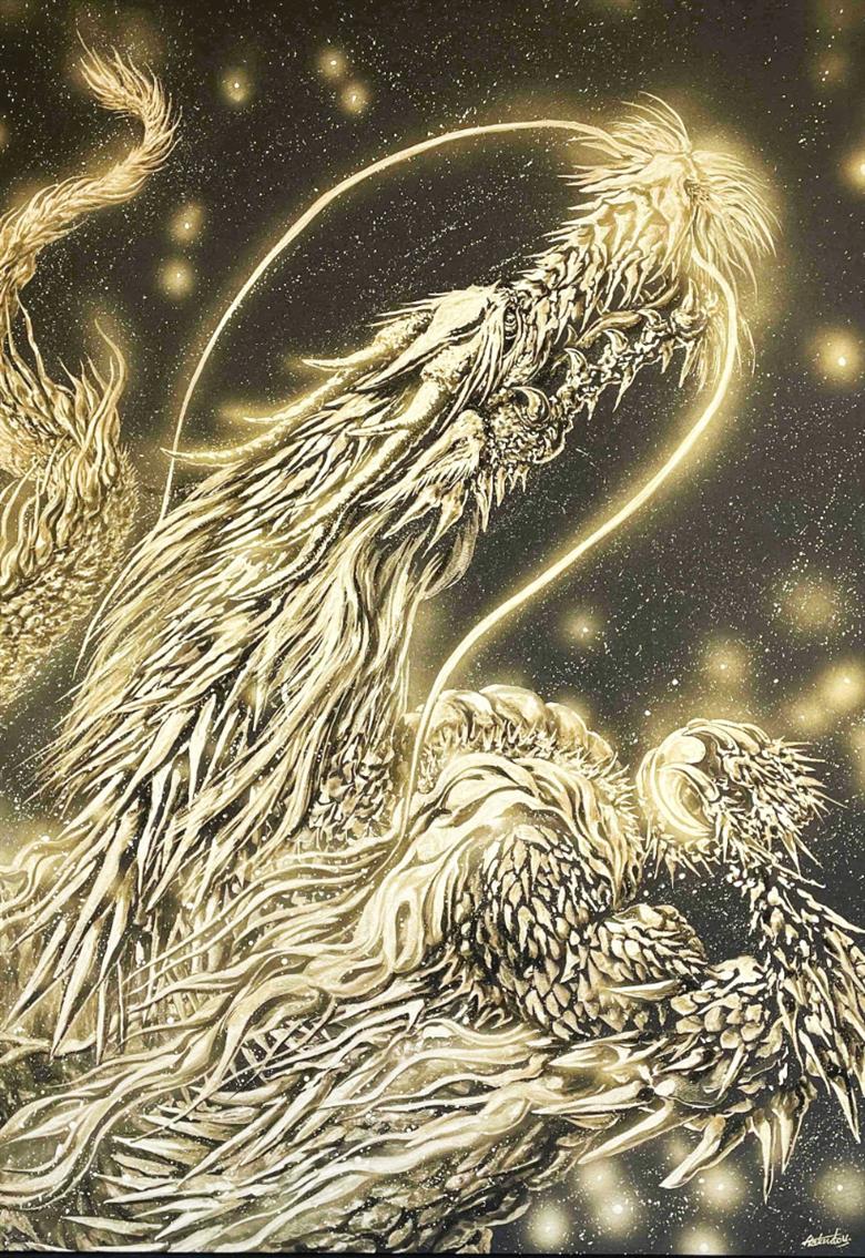 現代水墨画家 絵師白道「金銀昇龍」｜絵画 アート インテリア 手描き 一筆 龍 日本画 現代アート ハンドメイド作品 水墨画 かっこいい 作品 縁起 風水 芸術 [mt1672]