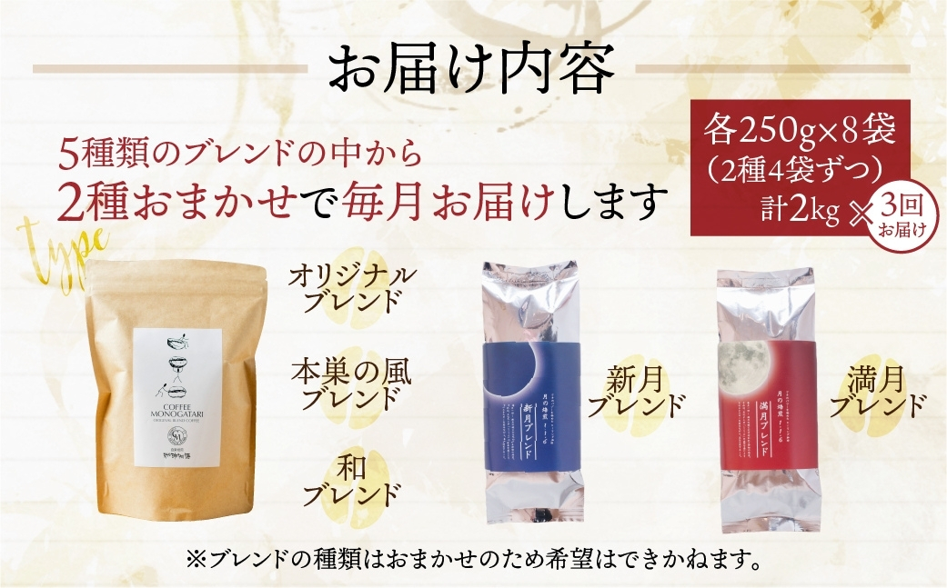 【定期便3回】訳あり コーヒー 豆 2kg ( 2種 おまかせ 250g × 8袋 ) 珈琲 粗挽 細挽 浅煎 中煎 深煎 苦味 深み コク 酸味 まろやか ブレンド アウトドア キャンプ 香り 挽きたて 岐阜県 本巣市 珈琲物語 [ mt1302mame] 90000円