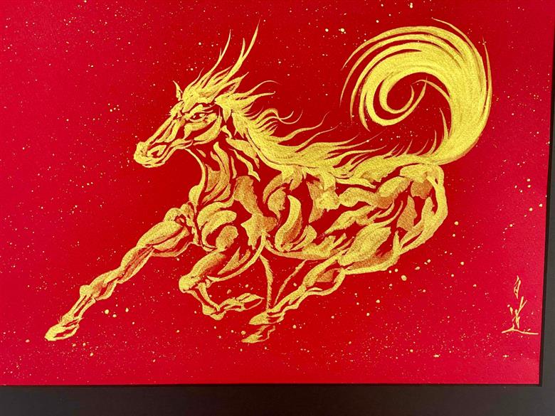 現代水墨画家 絵師白道「丙午　龍馬」赤ゴールド｜絵画 アート インテリア 手描き 一筆 龍 日本画 現代アート ハンドメイド作品 水墨画 かっこいい 作品 縁起 風水 芸術 2026年 午年 うま 馬 干支 [mt2125]