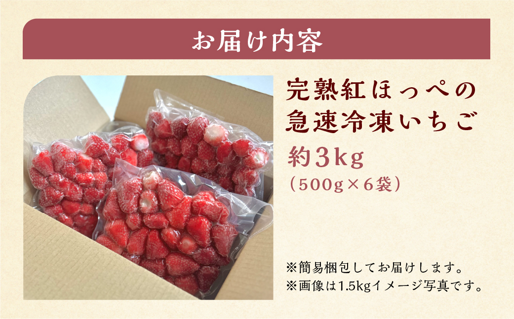 【2026年5月より発送】《 訳あり 》 冷凍いちご 紅ほっぺ 3kg (500g × 6p) 簡易梱包 サイズ 不揃い のため 訳あり 訳アリ フルーツ 果物 苺 いちご イチゴ アイス ヨーグルト 苺 family農園 子ども 小分け 家庭用 国産 産地直送 岐阜県 本巣市 2万 20000円 [mt1506]