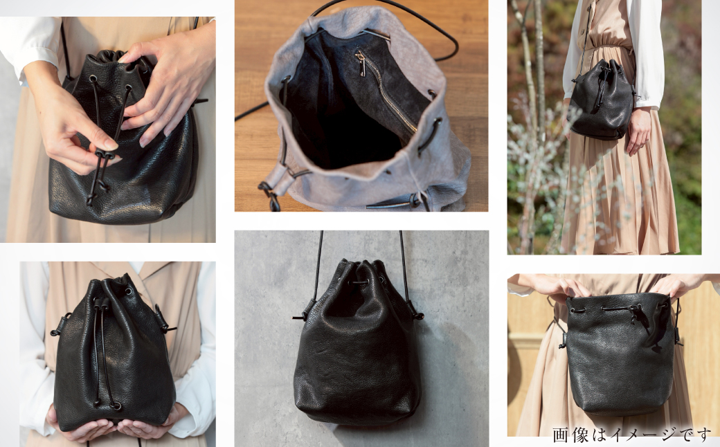 【受注生産】RUNTO（るんと）ー日常に寄り添う、鹿革巾着バック ブラック 黒色 ジビエ 鹿革 豚革 牛革 おしゃれ アパレル ファッション バッグ アウトドア 収納 かわいい レディース 男女兼用 国産 日本産 [mt1689]| 本巣市 岐阜県