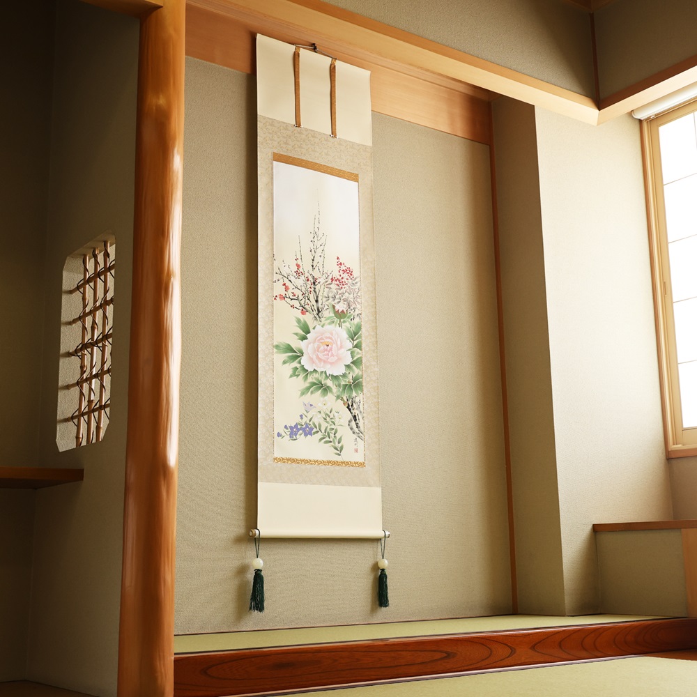 掛け軸「四季花」中村遠州 尺五立 掛軸 [1217]