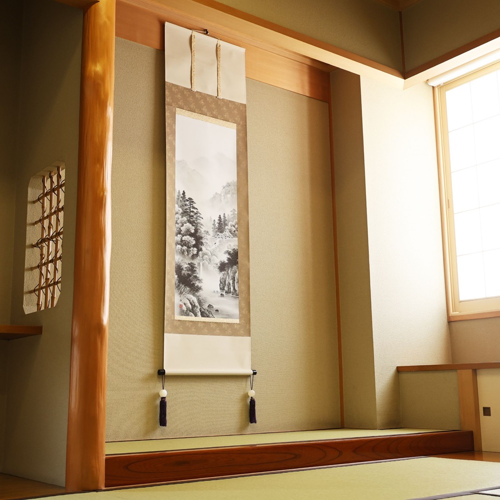 掛け軸「水墨山水」村上和義 尺五立 掛軸 [1222]