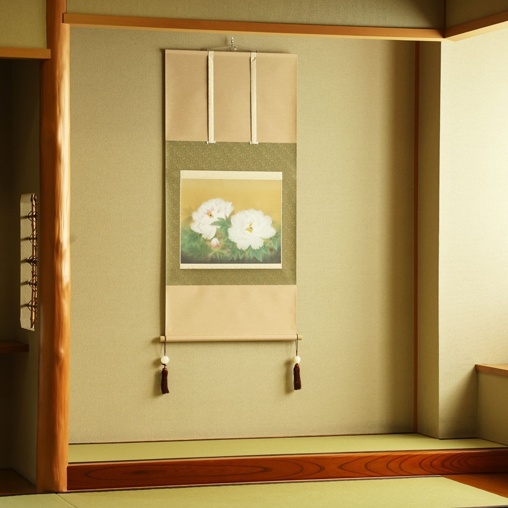 掛け軸「牡丹」藤田真穂 尺八横 掛軸 [1226]