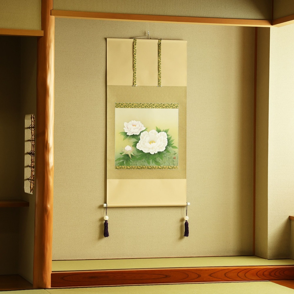 掛け軸「牡丹」鈴木優莉 尺八横 掛軸 [1227]