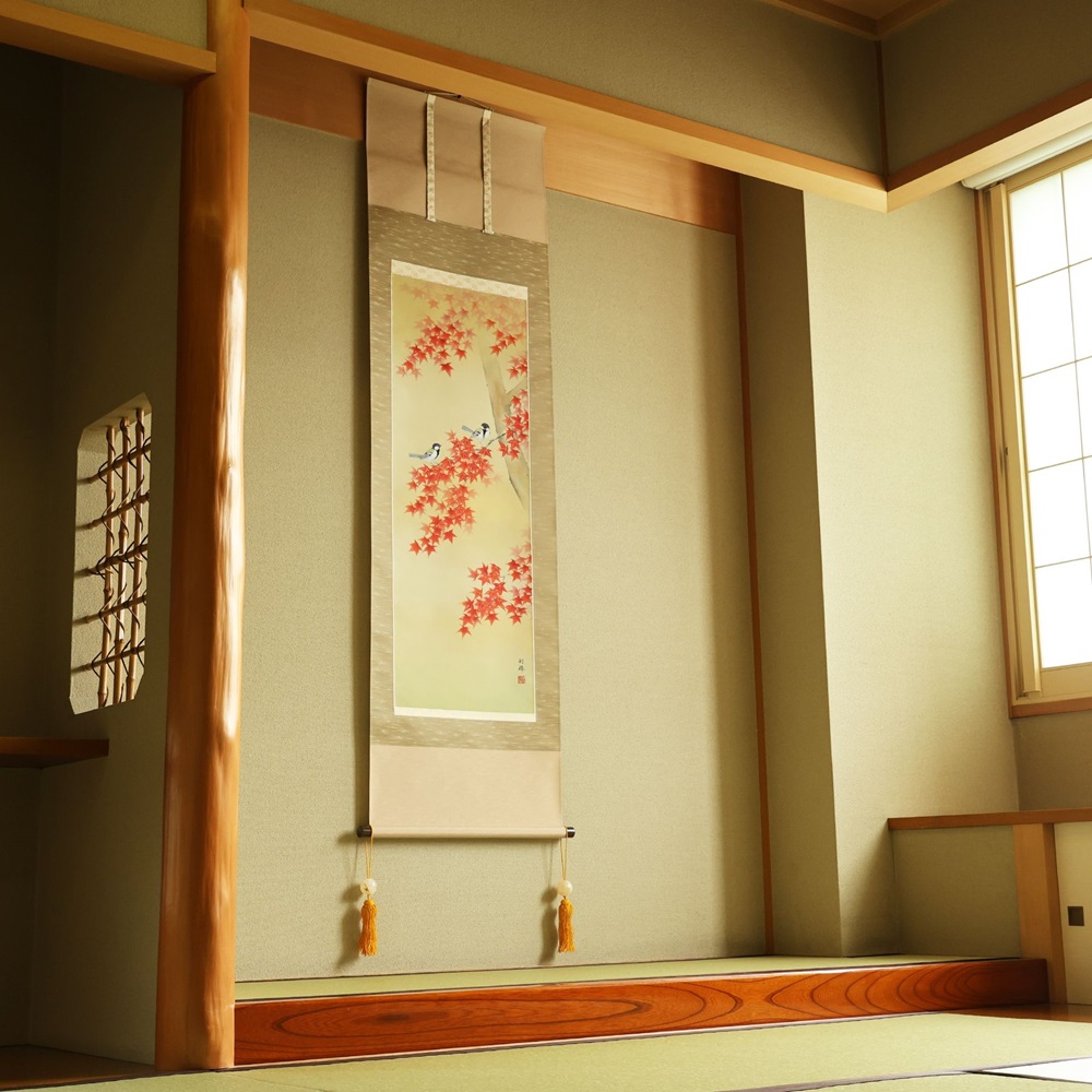 掛け軸「紅葉に小禽」北沢利輝 尺五立 掛軸 [1231]