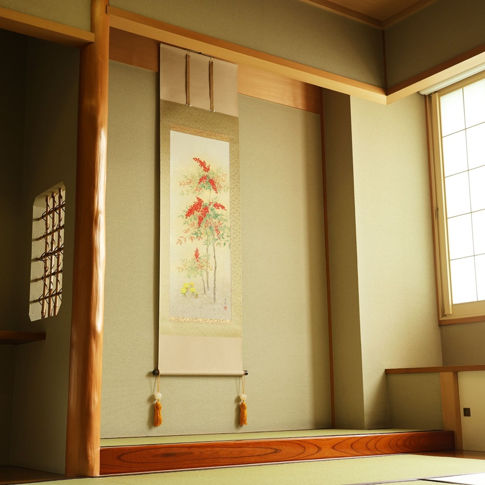 掛け軸「南天福寿」鈴木優莉 尺五立 掛軸 [1234]