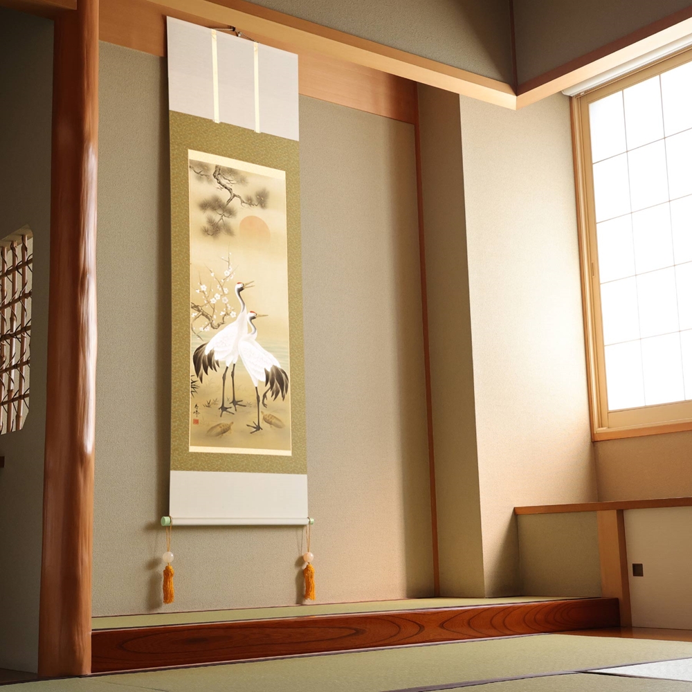 掛け軸「松竹梅鶴亀」浅野寿峰 尺五立 サイズ：190×54.5cm 掛け軸 年中掛け 常用 [1455]