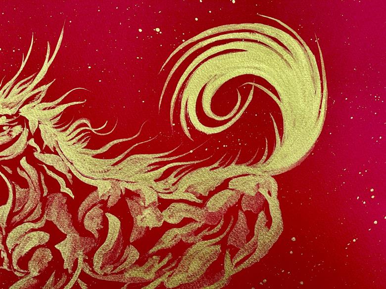 現代水墨画家 絵師白道「丙午　龍馬」赤ゴールド｜絵画 アート インテリア 手描き 一筆 龍 日本画 現代アート ハンドメイド作品 水墨画 かっこいい 作品 縁起 風水 芸術 2026年 午年 うま 馬 干支 [mt2125]