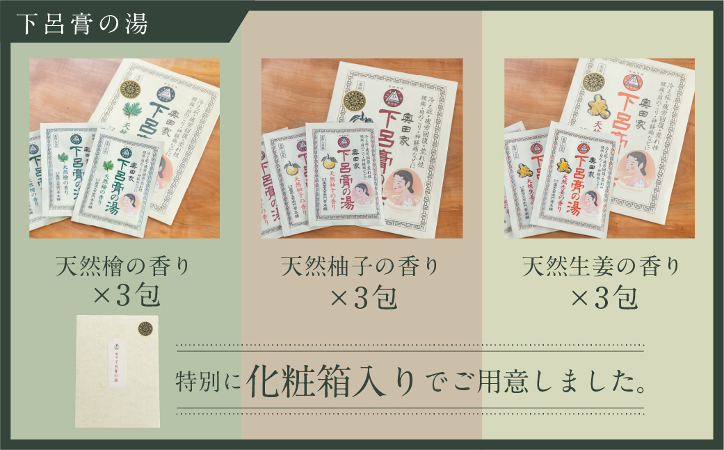 下呂膏の湯（薬用入浴剤）3種セット（生姜・ユズ・檜 各3包×3）計9包　ゆず 柚子 柚 しょうが ショウガ ひのき ヒノキ 入浴剤 バス用品 贈答 ギフト 下呂温泉 お風呂【1-19】