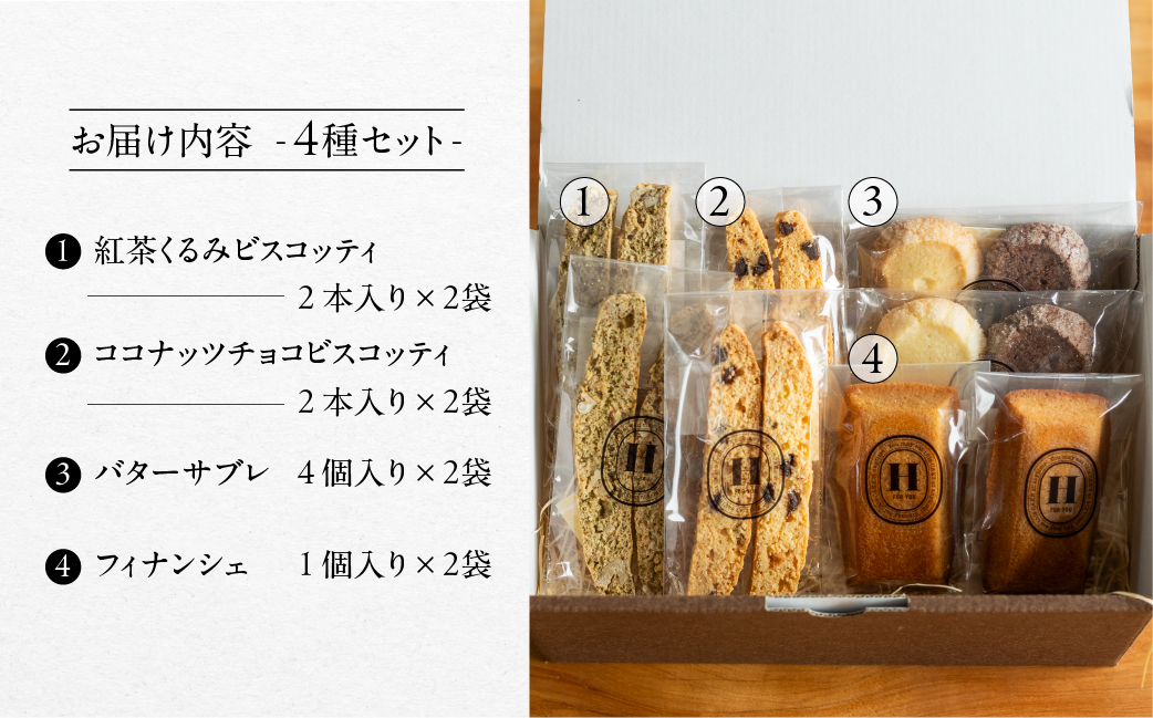 焼き菓子セット 4種 8個（ビスコッティ2種、バターサブレ、フィナンシェ）詰め合わせ【HORO JIRUSHI】【102-5】
