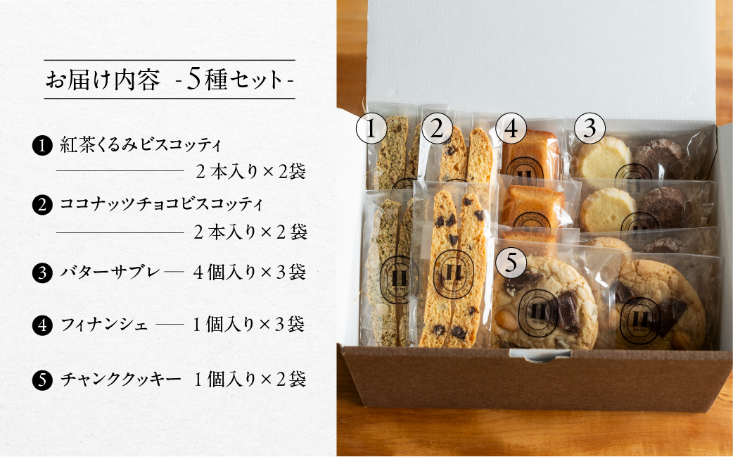 焼き菓子セット 5種 12個（ビスコッティ2種、バターサブレ、フィナンシェ、チャンククッキー）詰め合わせ【HORO JIRUSHI】【102-6】
